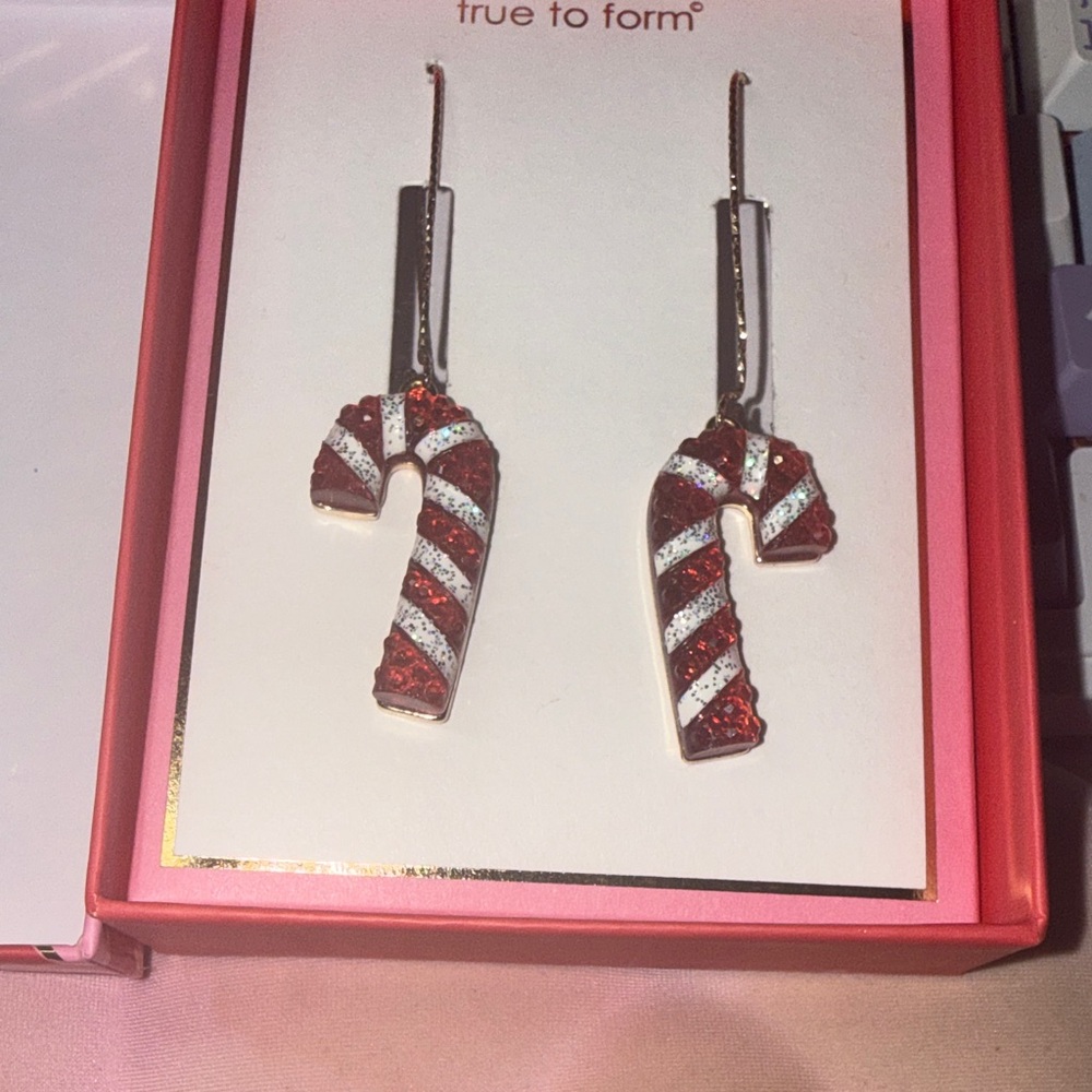 Candy Cane Drop Earrings Red & White Holiday Glitter